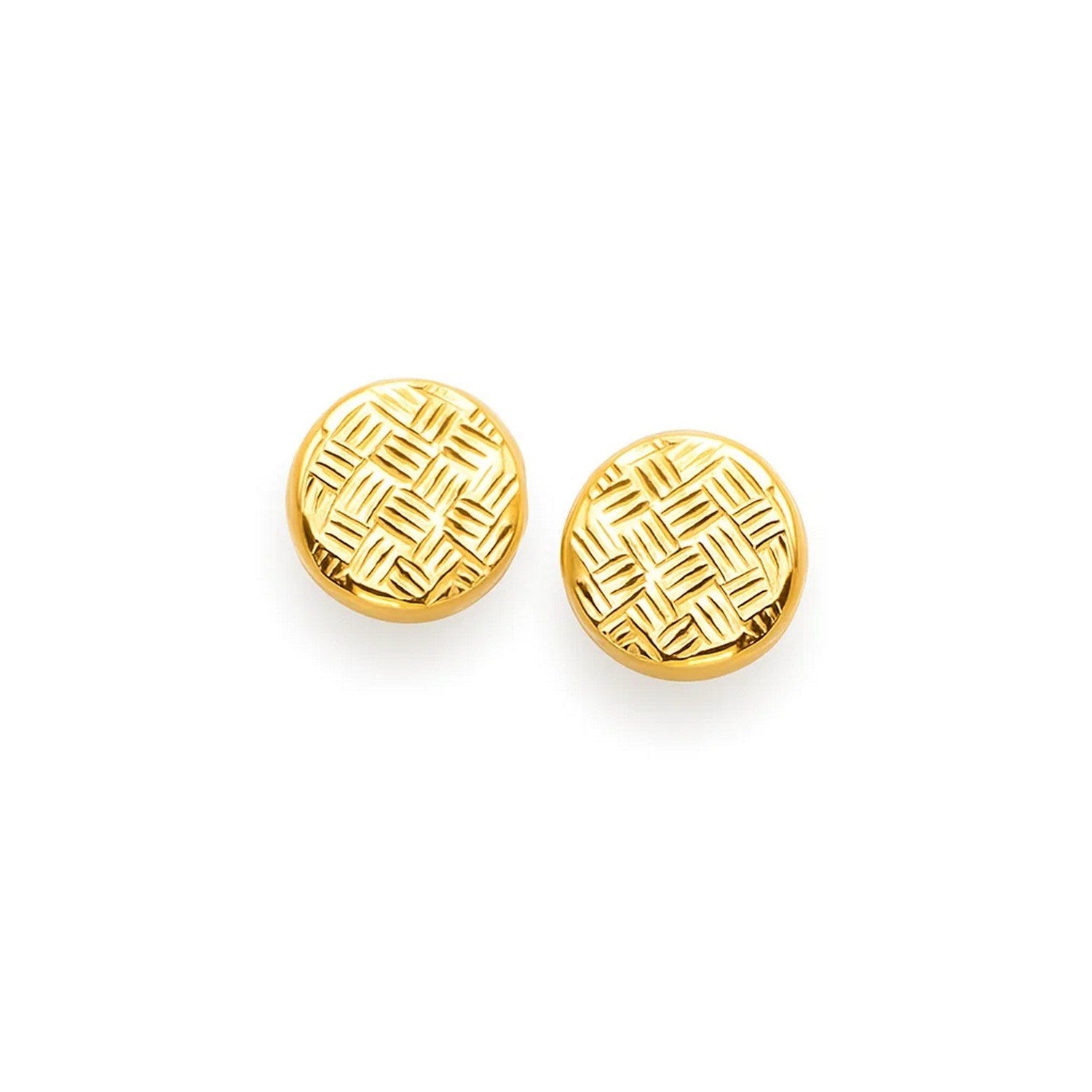 14k Yellow Gold Post Earrings with Textured Circles in a sleek high-contrast midnight luxury editorial style